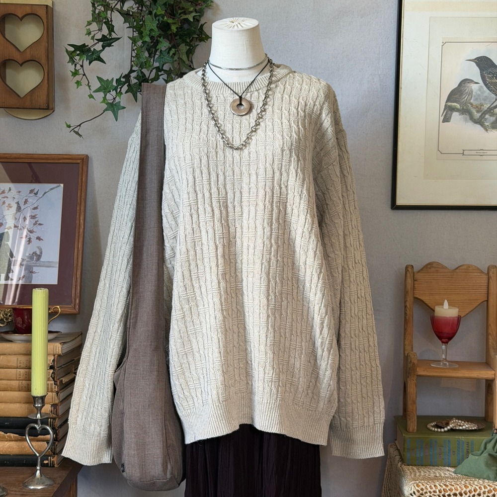 Chaps Ralph Lauren Beige Basketweave Linen Cotton Sweater Oversized Boho XL